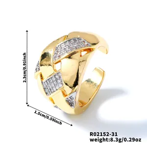 Detailed view of wide woven two-tone ring with sparkling crystals and dimensions