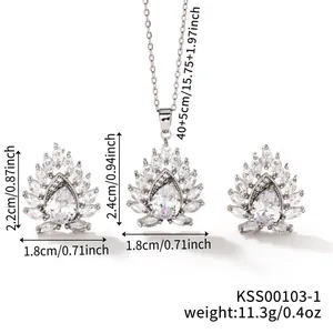Detailed view of silver jewelry set with zircon clusters and specific size measurements