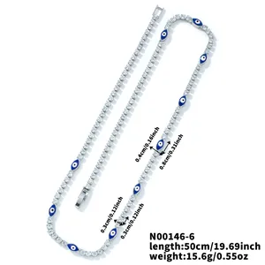 Detailed specs of Evil Eye tennis necklace with blue beads and cubic zirconia gems