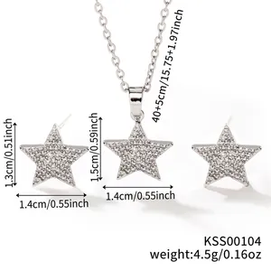 Detailed view of silver star jewelry set with necklace and stud earrings dimensions