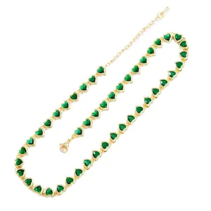 Golden hip hop necklace with green heart zirconia stones and lobster clasp