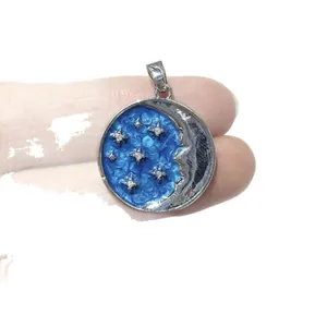 Starry sky round pendant necklace with blue enamel moon and sparkling zircon accents