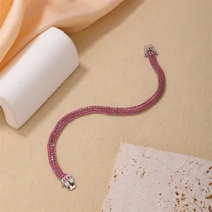 Three-row silver chain bracelet set with pink cubic zirconia and secure box clasp