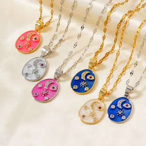 Celestial Enamel Evil Eye Star Moon Pendant Necklace Copper Gold Silver Plated Zirconia Mystical Jewelry For Women Daily Party Gift