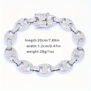 Detail showing dimensions of silver rhinestone iced out Cuban link bracelet with box clasp