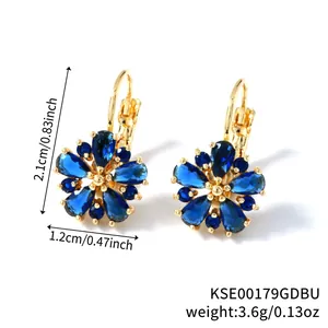 Detailed view of blue zircon flower earrings with lever-back and product dimensions