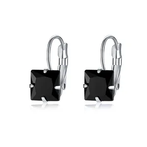 Close-up of square black zircon earrings with silver lever-back clasps and elegant finish