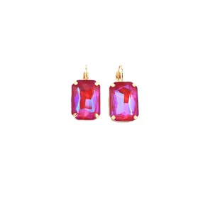 Elegant rectangle magenta crystal earrings with lever-back gold finish hooks