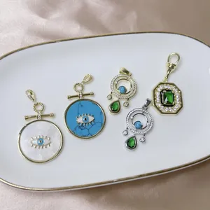 Ciondolo Malocchio Vintage in Rame Placcato Oro 18K per Creazione Gioielli DIY Intarsiato con Zirconia Conchiglia Turchese Donna