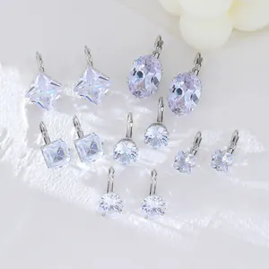 Elegant Leverback Drop Earrings Copper With Round Square Oval Zircon Crystal Geometric Fashion Jewelry For Women
