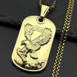 Vintage Stainless Steel Men's Eagle Pendant Necklace Military USA Flag Dog Tag With Box Chain Jewelry Gift For Men