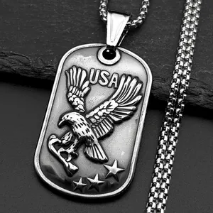 Men's vintage eagle pendant necklace in stainless steel with USA dog tag design