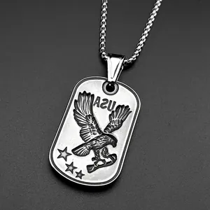 Men's vintage silver eagle pendant necklace with USA engraving and box chain