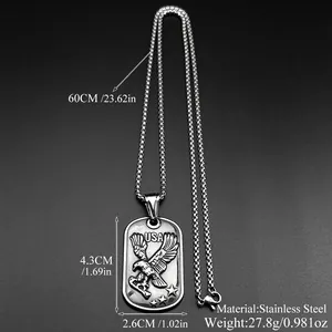 Vintage stainless steel dog tag necklace with embossed eagle and USA flag design