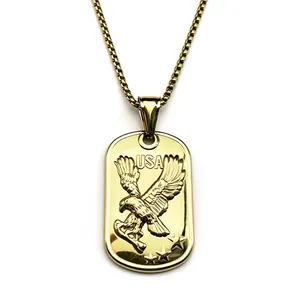 Gold eagle dog tag necklace with USA stars relief and stainless steel box chain
