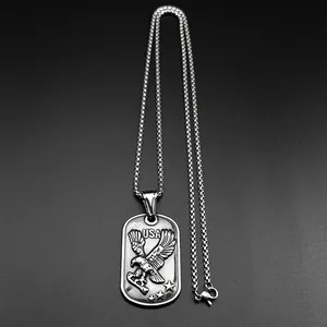 Detailed macro view of men's military tag necklace with eagle relief and USA text