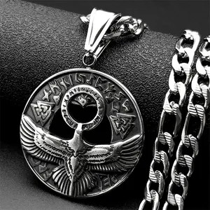 Collar con Colgante de Águila Runas Nórdicas Vikingas para Hombre de Acero Inoxidable Retro Mitología Valknut Amuleto Redondo Joyería