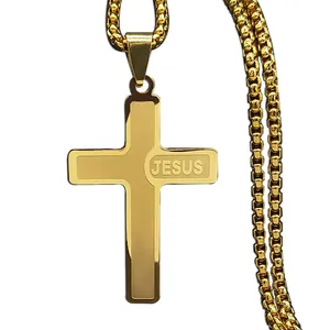 Polished gold titanium steel cross necklace featuring an embossed Jesus inscription