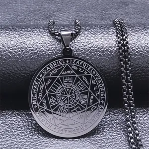 Seal of the Seven Archangels stainless steel circular pendant necklace on dark leather