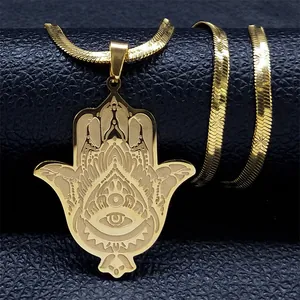 Collier Pendentif Main de Fatima en Acier Inoxydable Vintage Or Rond Œil de la Providence Protection Bijoux Ethniques Pour Femmes Hommes