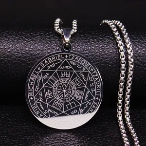 Macro shot of stainless steel Seven Archangels seal pendant on a black leather background