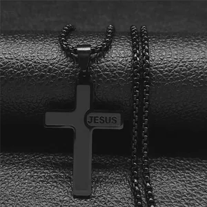 Black titanium steel cross necklace with Jesus engraving on a matte box chain pendant