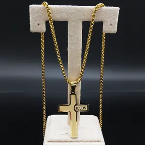 Gold stainless steel cross necklace with Jesus engraving on box chain for men