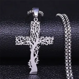 Collier Pendentif Croix en Acier Inoxydable Vintage Avec Arbre de Vie Design Creux Bijoux Hip Hop Pour Hommes Femmes