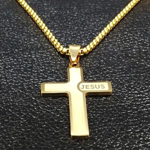 Polished gold stainless steel cross necklace with Jesus engraving on black leather