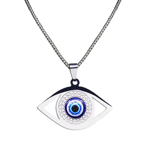 Collar con colgante de Ojo Turco en acero inoxidable pulido con cuenta Nazar azul