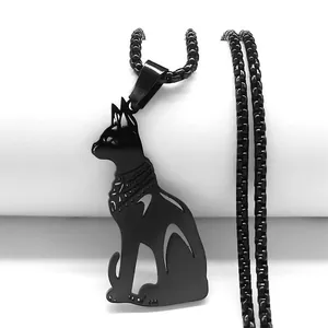 Schwarze matte Edelstahl Bastet Katzenanhänger Halskette mit passender Perlenkette für Damen