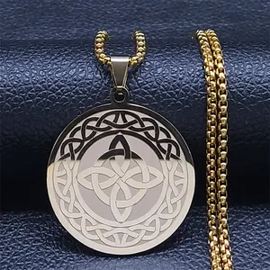 Vintage Wikinger Hexenknoten Anhänger aus Edelstahl mit goldener Box-Kette für Herren