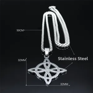 Stainless steel Celtic witch knot necklace with 32mm pendant and 50cm chain on black background