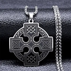 Celtic Cross Pendant Necklace Stainless Steel Viking Nordic Amulet Irish Druid Knot Jewelry For Men