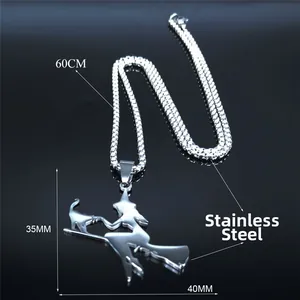 Stainless steel witch cat on a broom necklace with 60cm box chain on black background