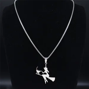 Silver stainless steel witch and cat on broom pendant necklace on black display