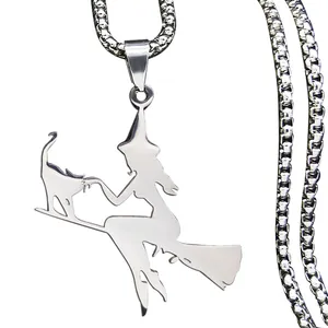 Stainless steel witch on broom with cat pendant necklace on silver box chain