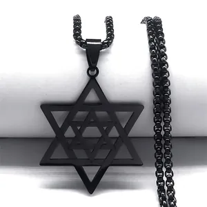 Collier en acier inoxydable noir avec pendentif étoile de David et chaîne à perles