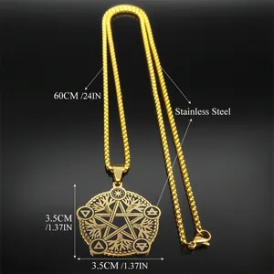 Gouden roestvrijstalen pentagram levensboom ketting met afmetingen en 60cm kettinglengte