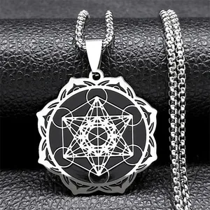 Vintage Stainless Steel Metatron's Cube Pendant Necklace For Men Women Hip Hop Sacred Geometry Box Chain Jewelry Gift