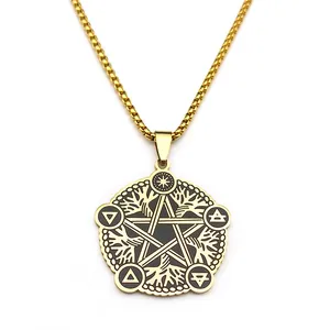 Gouden roestvrijstalen ketting met pentagram levensboom hanger en vierkante parelketting