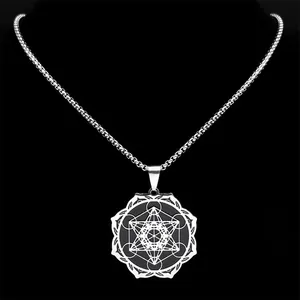 Mens vintage stainless steel necklace featuring a geometric mandala star pendant on black