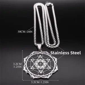 Stainless steel Metatron cube pendant necklace with 50cm chain for men in silver finish