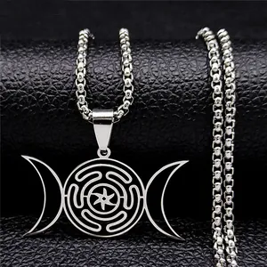 Stainless Steel Hecate Wheel Triple Moon Pendant Necklace Gothic Wiccan Maze Jewelry For Men Women Spiritual Gift