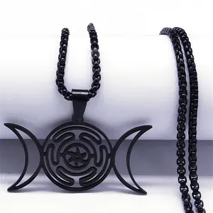 Matte black stainless steel necklace with Hecate's Wheel triple moon labyrinth pendant