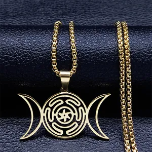 Golden Hecate's Wheel necklace with Triple Moon pendant on a steel box chain
