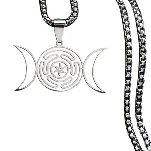 Hecate's Wheel pendant necklace in silver stainless steel with box chain for men and women