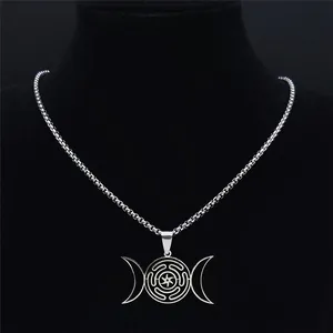 Macro view of silver triple moon Hecate wheel pendant on a stainless steel bead chain