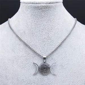 Detail of Triple Moon and Hecate Wheel pendant on stainless steel box chain necklace
