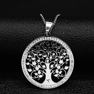 Stainless Steel Tree Of Life Pendant Necklace With Rhinestone Inlaid Round Hollow Out Chain Jewelry Gift For Unisex